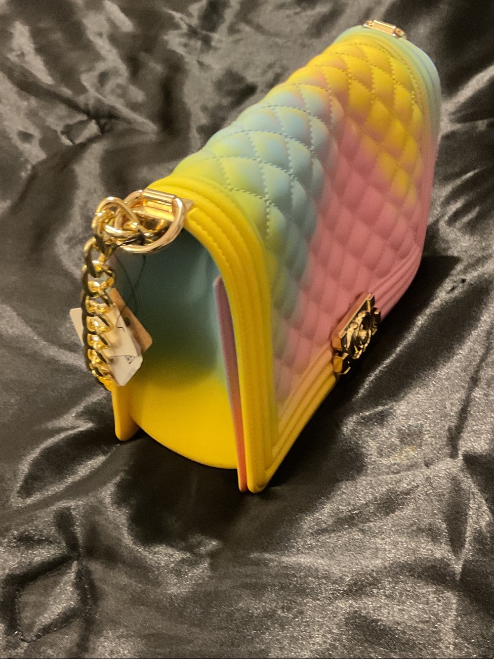 Rainbow Pastel Quilted Chain Shoulder Bag - Pink, Yellow, Blue - Picture 5 of 5